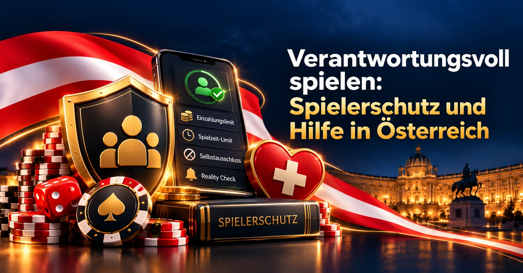 Verantwortungsvoller Spielerschutz in Österreich mit Einzahlungslimits, Selbstsperre, Hilfesymbol und sicheren Casino-Einstellungen.